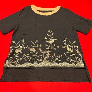 Black and Gold Embroidered Linen Blouse – Size 12 (XL)